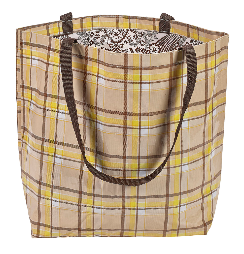Freckled Sage Oilcloth Market Bags in Plaid Brown and Yellow