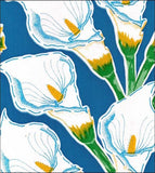 Freckled Sage oilcloth swatch Calla Lilies on blue