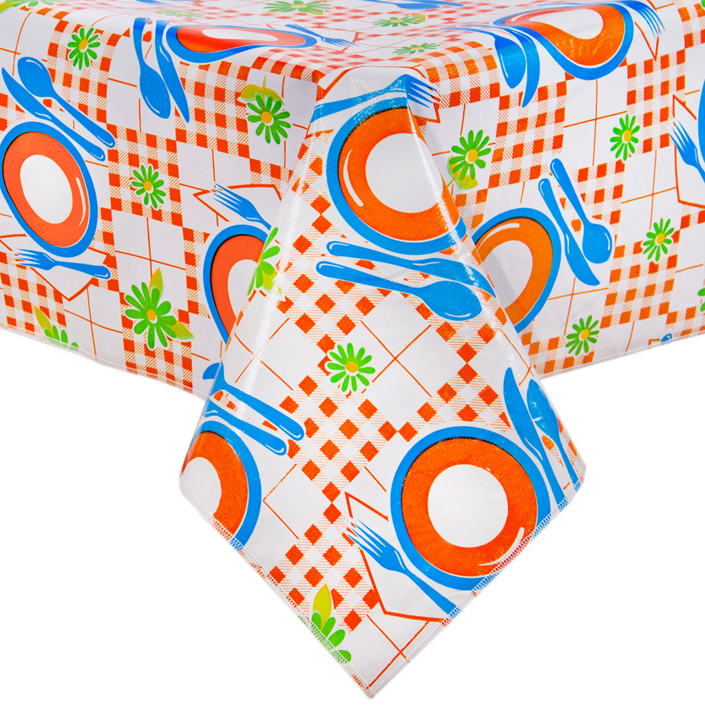 Freckled Sage Oilcloth Tablecloth Picnic Orange and Blue