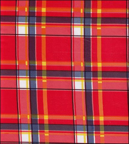 Plaid Red Oilcloth Tablecloth with Navy Gingham Trim
