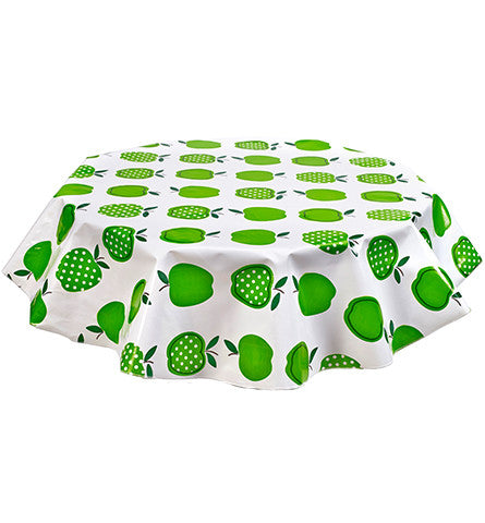 Freckled Sage Round Oilcloth Tablecloth Green Apples and Dots