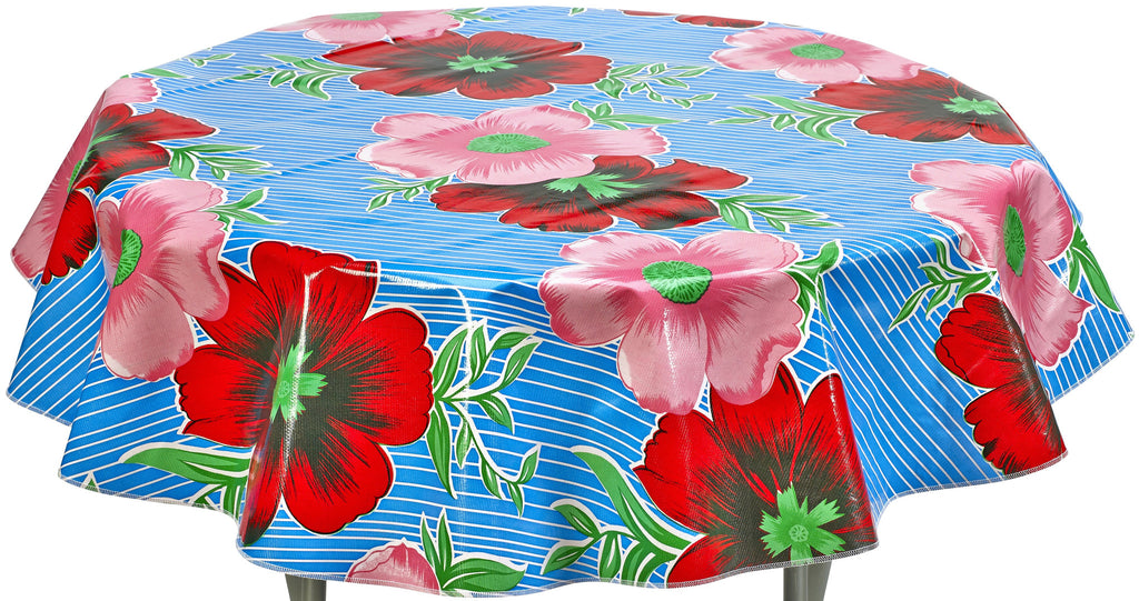Freckled Sage Round Tablecloth Big Flowers & Stripes Light Blue