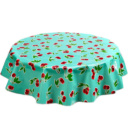 Freckled Sage Round Oilcloth Tablecloth red cherries on solid aqua