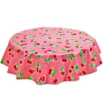 Freckled Sage Round Tablecloth Cherries on Pink