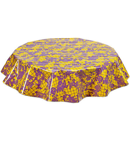Freckled Sage Round Tablecloth Purple on Yellow Day of Dead
