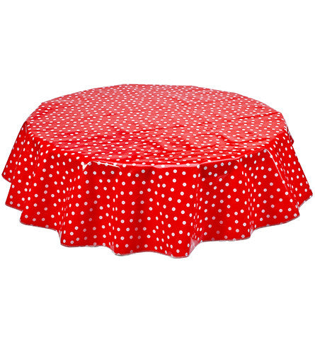 Freckled Sage Round Oilcloth Tablecloth White Dot on Red