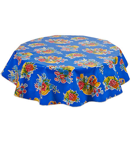 Freckled Sage Round Tablecloth Flower Basket on Blue