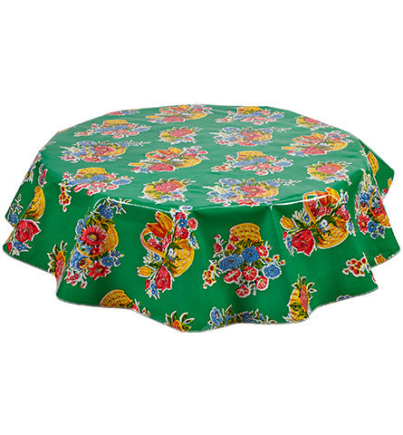 Freckled Sage Round Oilcloth Tablecloth Flower Basket Green