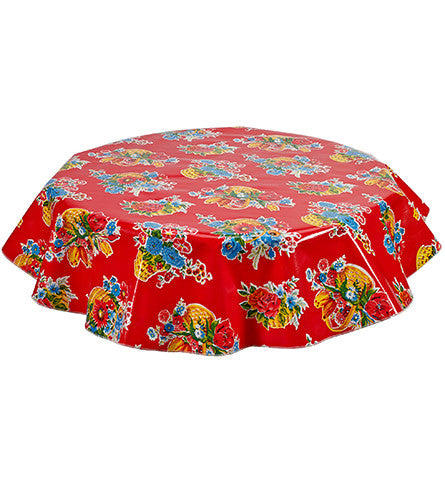 Freckled Sage Round Oilcloth Tablecloth Flower Basket Red
