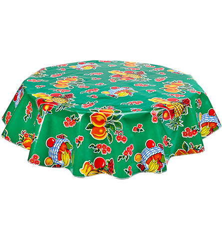 Freckled Sage Round Oilcloth Tablecloth Fruit Basket Green