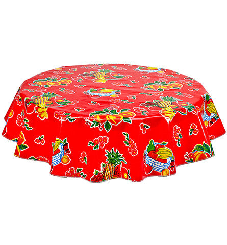 Freckled Sage Round Oilcloth Tablecloth Fruit Basket Red