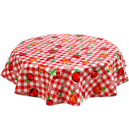 Freckled Sage Round Tablecloth Gingham & Fruit Red