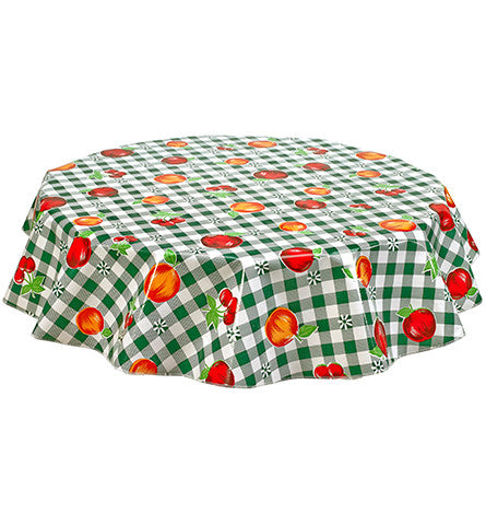 Freckled Sage Round Oilcloth Tablecloth Gingham and Fruit Green