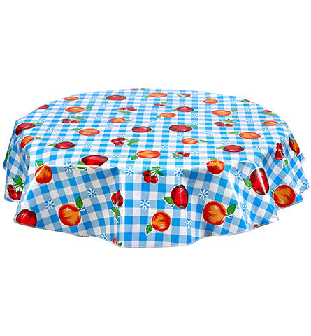 Freckled Sage Round Oilcloth Tablecloth Gingham and Fruit Light Blue