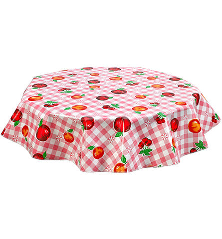 Freckled Sage Round Oilcloth Tablecloth Gingham and Fruit Pink