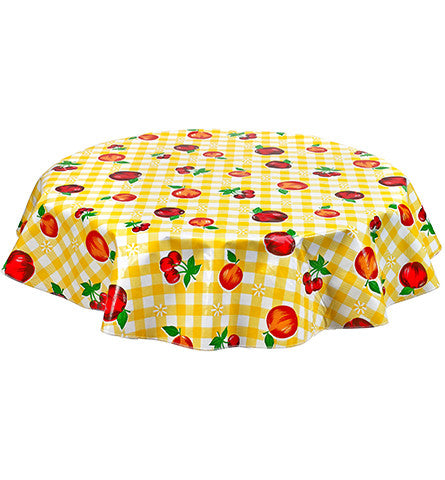 Freckled Sage Round Oilcloth Tablecloth Gingham and Fruit Yellow
