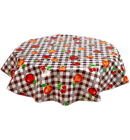 Freckled Sage Round Oilcloth Tablecloth Gingham and Fruit Brown