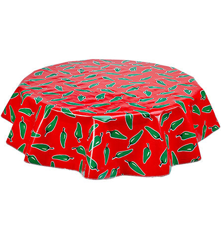 Freckled Sage Round Oilcloth Tablecloth Jalapeno on Red