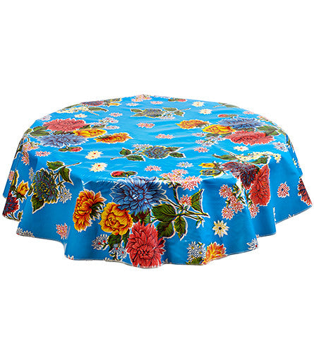 Round Oilcloth Tablecloth in Mum Light Blue