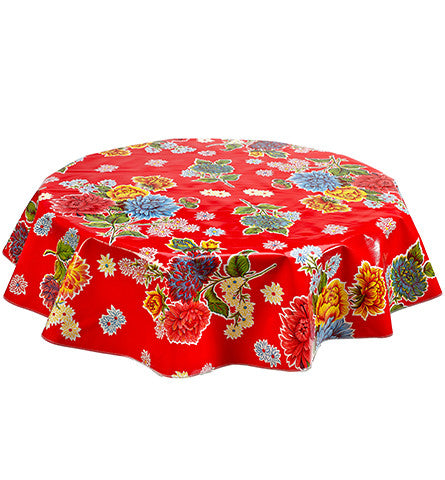 Round Oilcloth Tablecloth in Mum Red