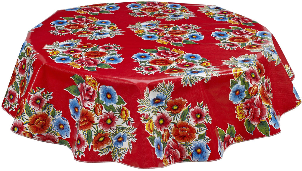 68" Round Oilcloth Tablecloths in Flowers on Red