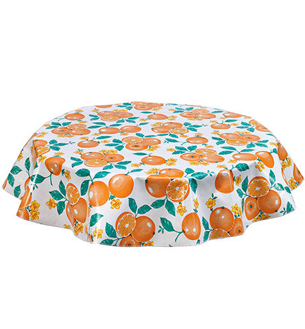 68" Round Oilcloth Tablecloth in Oranges on White