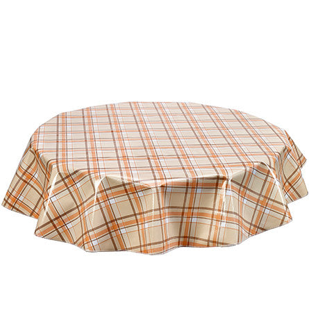 Round Plaid Orange and Tan Oilcloth Tablecloth