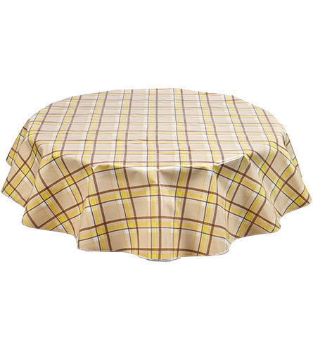 Round Plaid Yellow and Tan Oilcloth Tablecloth