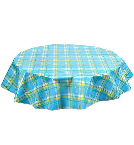 Round Plaid Light Blue and Yellow Oilcloth Tablecloth