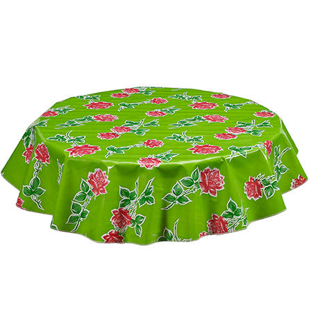 Vintage Rose on Lime round oilcloth tablecloth 