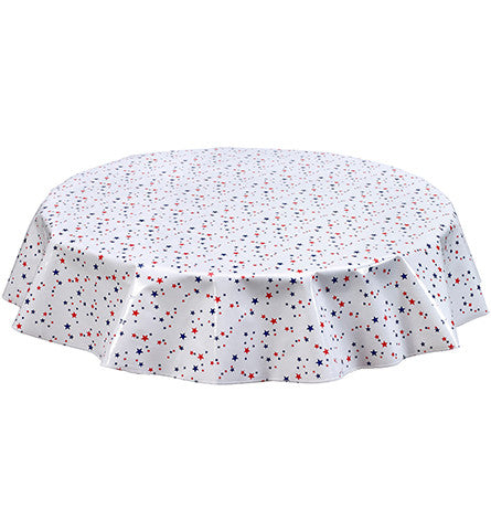 Freckled Sage Round Oilcloth Tablecloth Red and Blue Stars