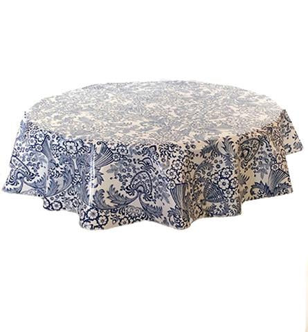 81" Round Toile Navy Blue Oilcloth Tablecloth