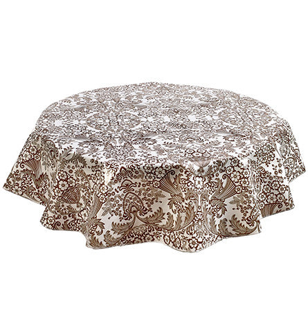 Round Oilcloth Tablecloth in Toile Brown