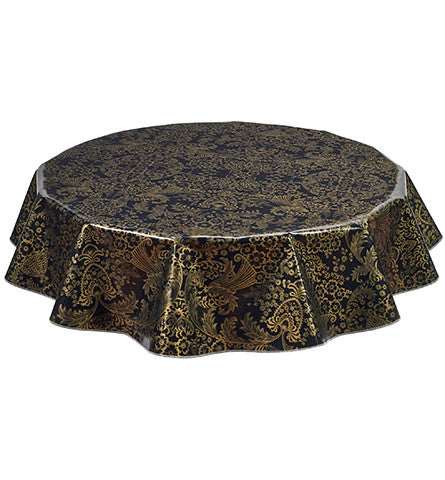68" Round Oilcloth Tablecloth in Toile Gold on Black