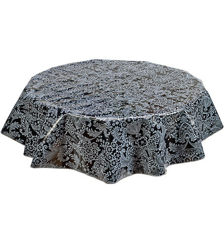 Round Oilcloth Tablecloth in Toile White on Black