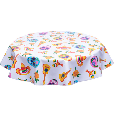 Round Skulls on White Oilcloth Tablecloth