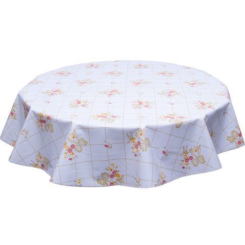 bows and bouquet Gold on White Round Oilcloth Tablecloth