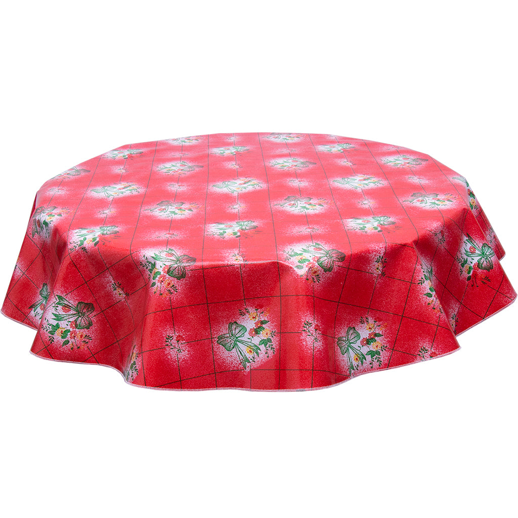 Round Oilcloth Tablecloth Bows and Bouquet on Red