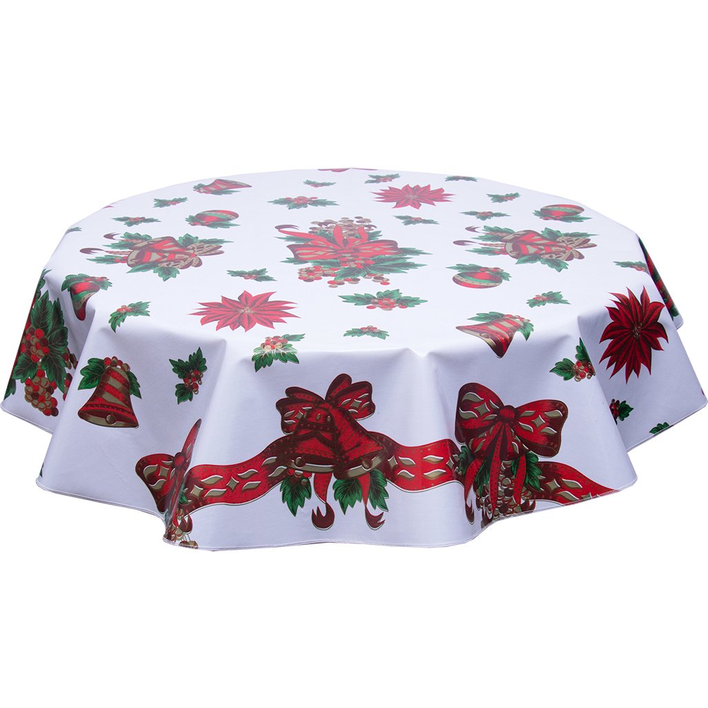 Freckled Sage Round Tablecloth Bells & Bows White