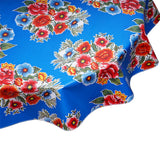 freckledsage.com flowers on blue oilcloth tablecloth