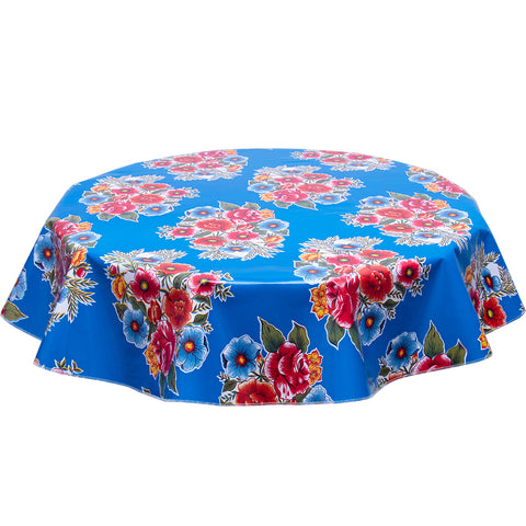 FreckledSage.com Round oilcloth tablecloth Flowers on Blue