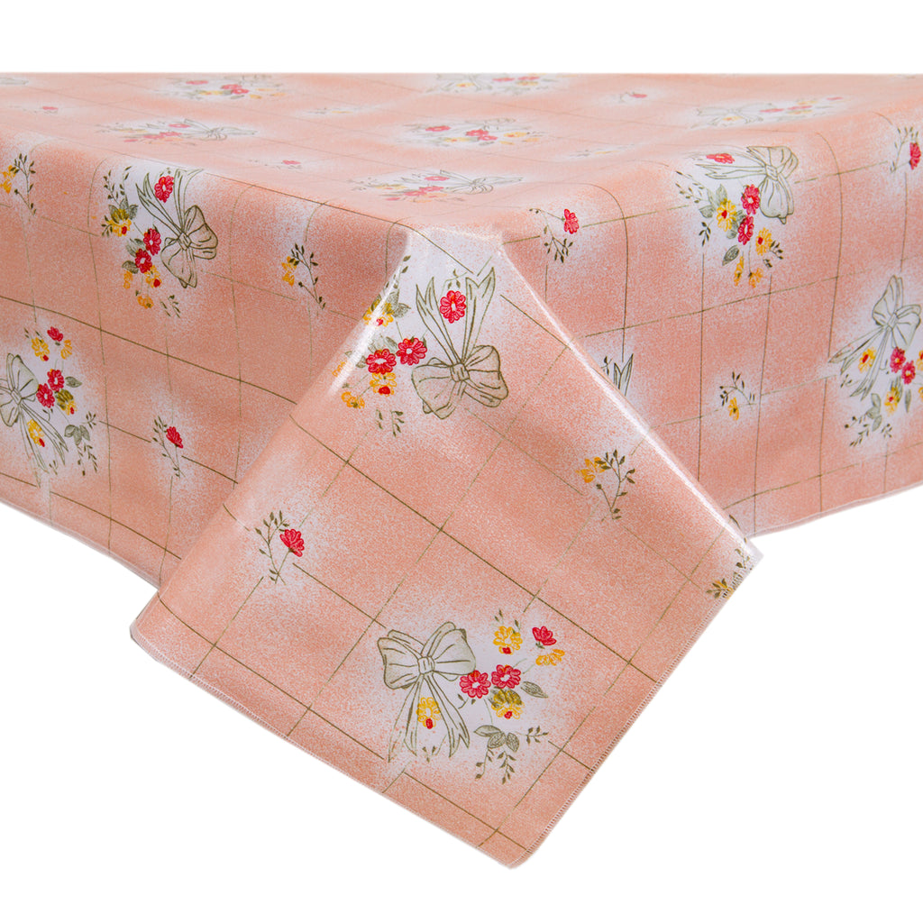 Freckled Sage Oilcloth Tablecloth Bows and Bouquet Salmon