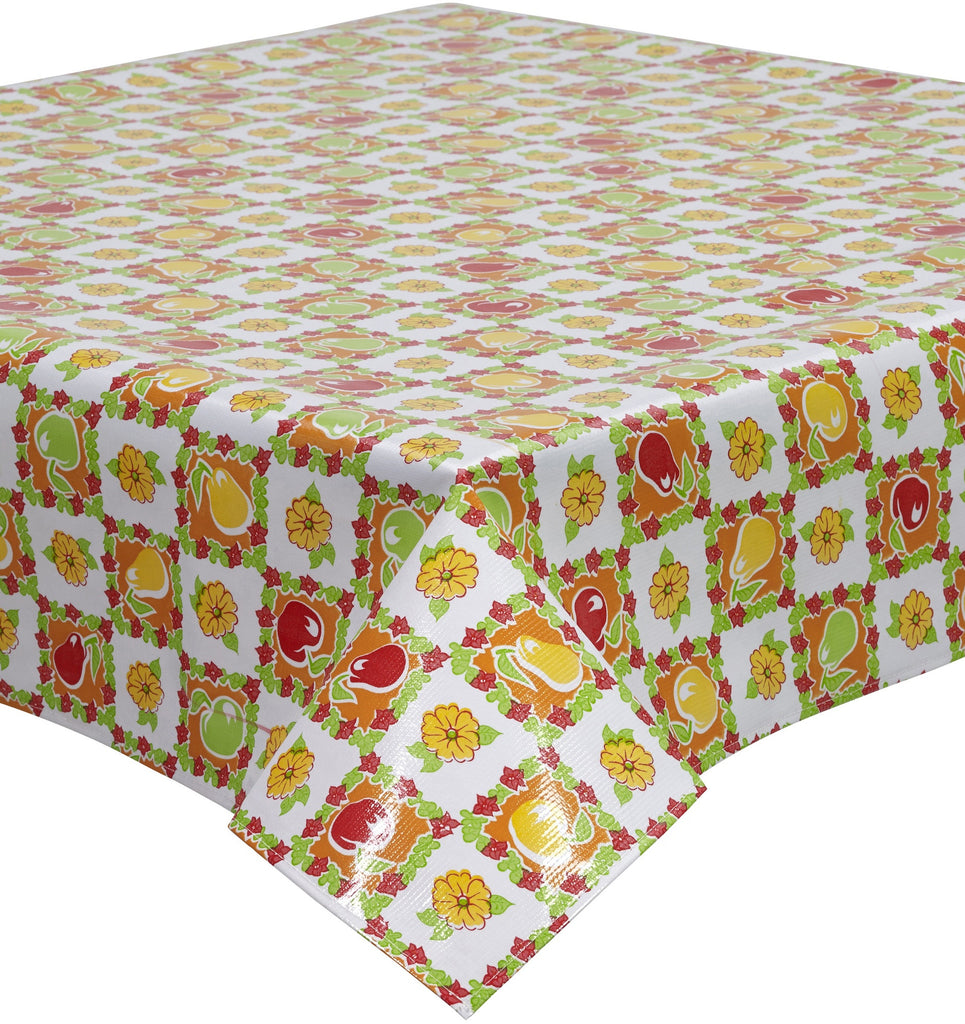 Freckled Sage Oilcloth Tablecloth Pears and Apple Orange