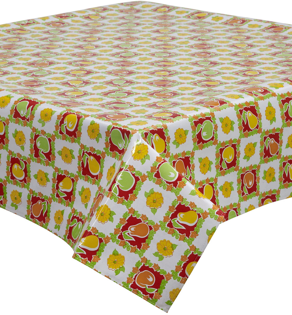 Freckled Sage Oilcloth Tablecloth Pears and Apple Red