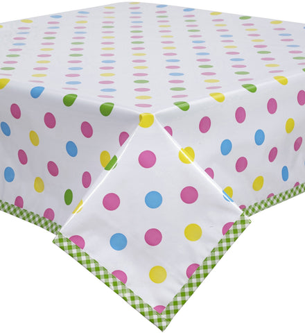 Freckled Sage Oilcloth Tablecloth Big pink Dots with blue, yellow, lime dots on white background and lime gingham trim