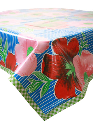 Freckled Sage Oilcloth Tablecloth Big Flowers and Stripes Blue