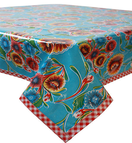Freckled Sage Oilcloth Tablecloth Bloom Light Blue with red gingham trim