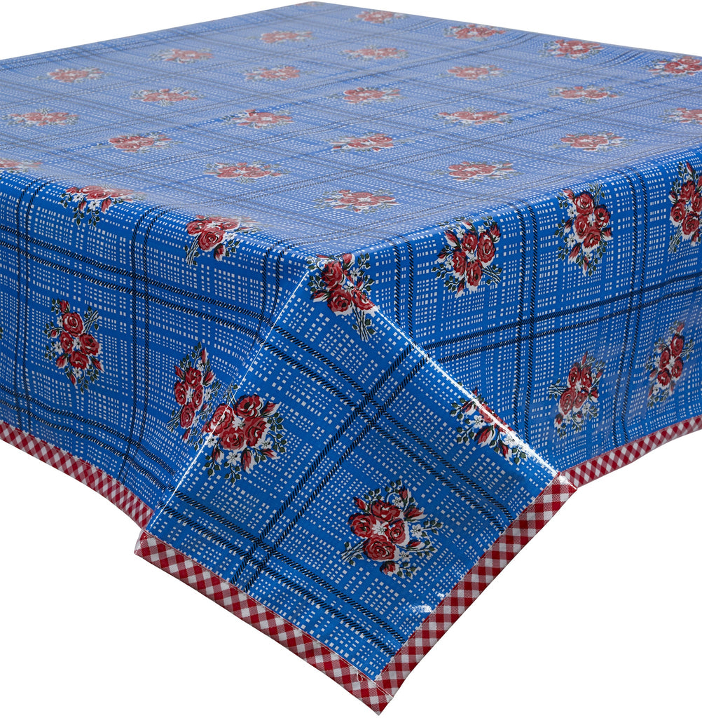 Freckled Sage Oilcloth Tablecloth Bouquets of red flowers on Blue  with red gingham trim