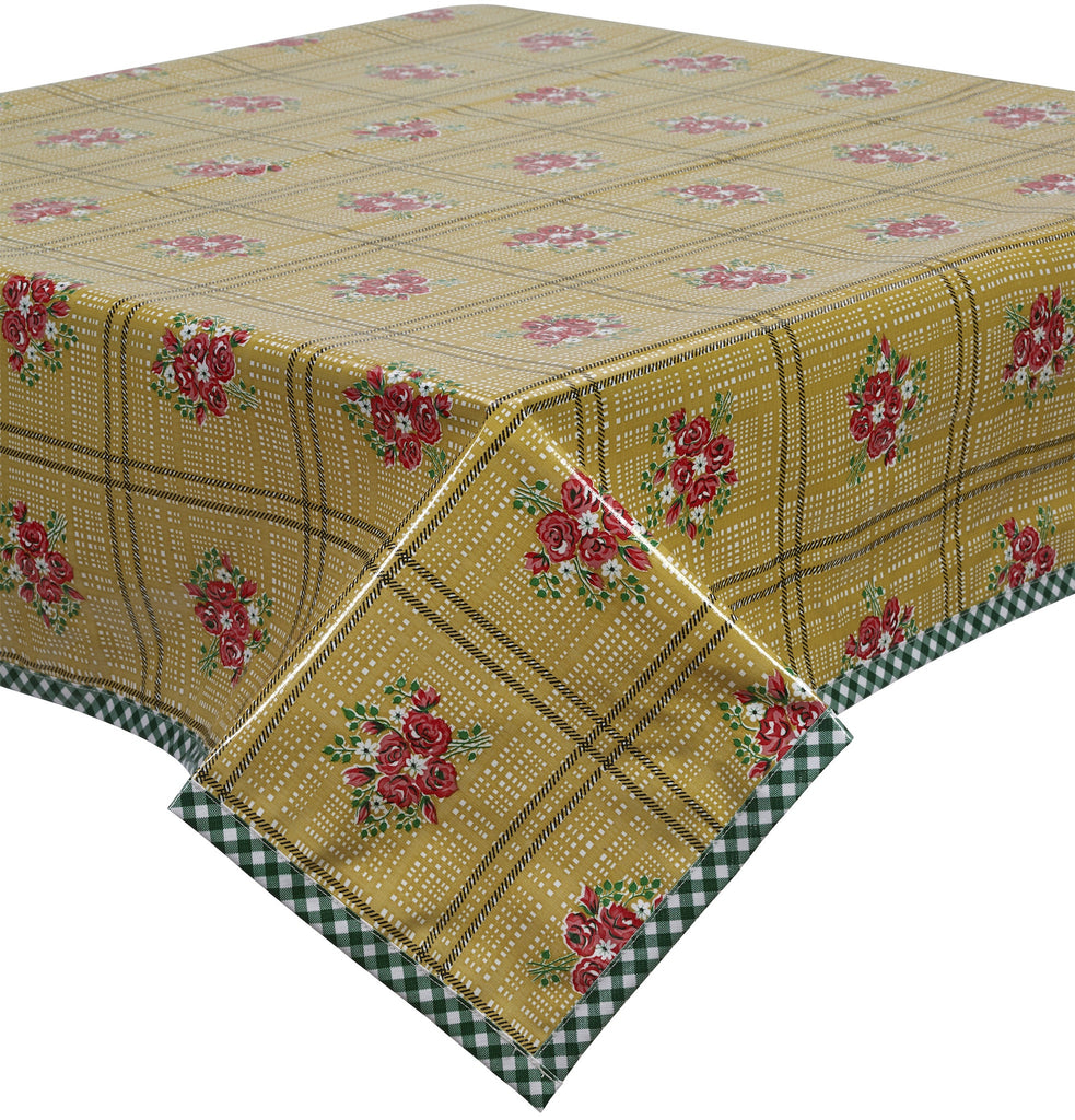 Freckled Sage Oilcloth Tablecloth  red floral Bouquets on Tan with green gingham trim