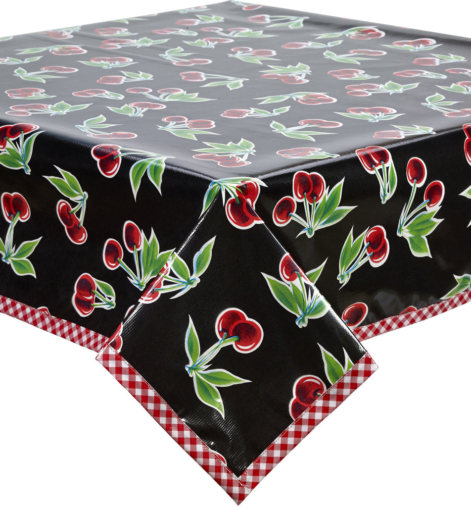 Freckled Sage Oilcloth Tablecloth Cherry Black Red Trim